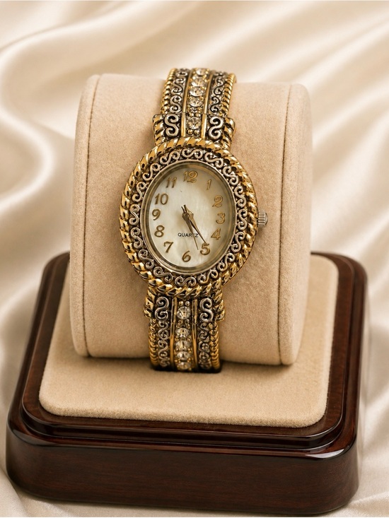 Accessories - Watch Gold & Silver Tone Ornate Rhinestone Accent Quartz Link Bracelet